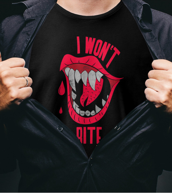 I Won't Bite Halloween Red Lips With Fangs And Blood Drops Scary Appeal T-Shirt