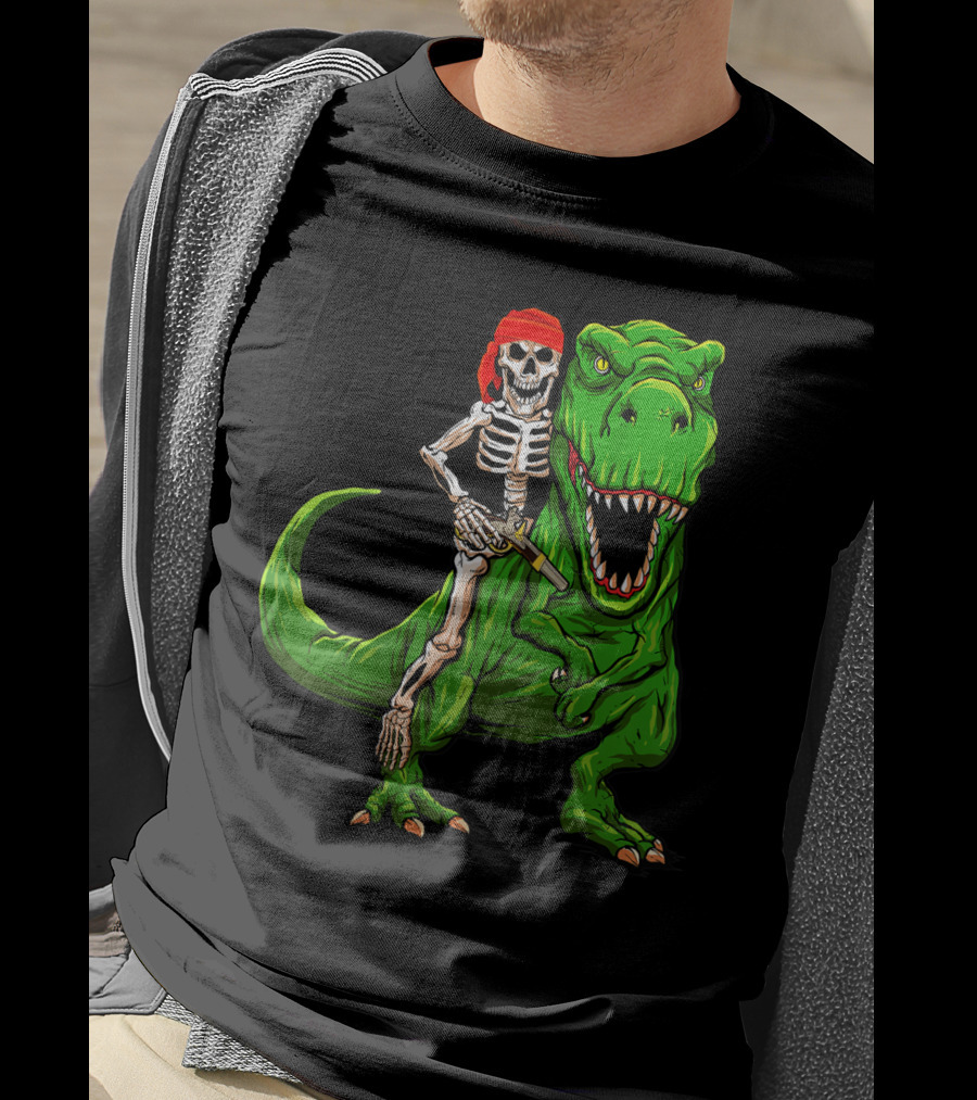 Pirate Skeleton Riding Rex Dinosaur With Red Bandana T-Shirt