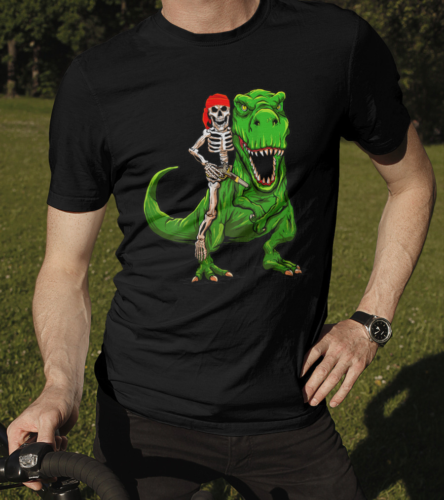 Pirate Skeleton Riding Rex Dinosaur With Red Bandana T-Shirt