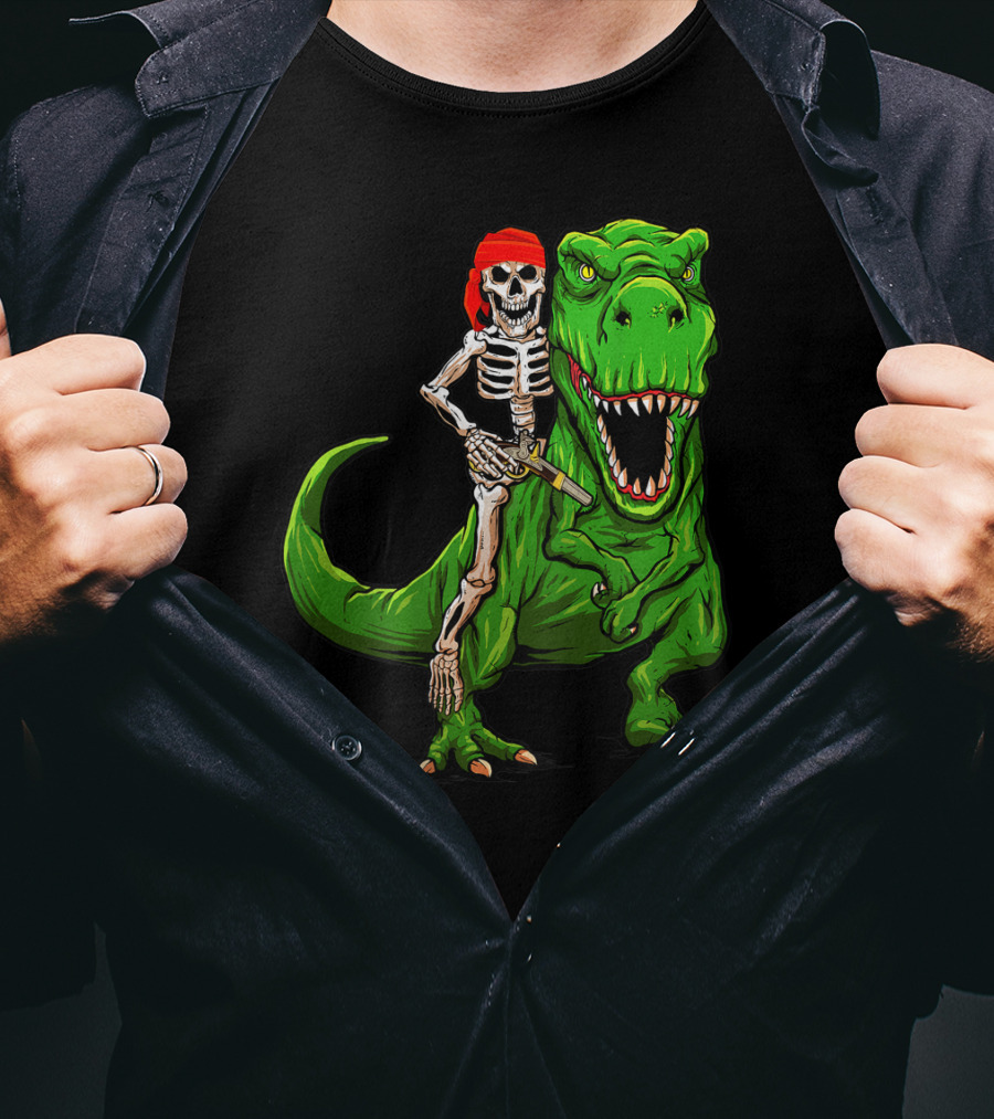 Pirate Skeleton Riding Rex Dinosaur With Red Bandana T-Shirt