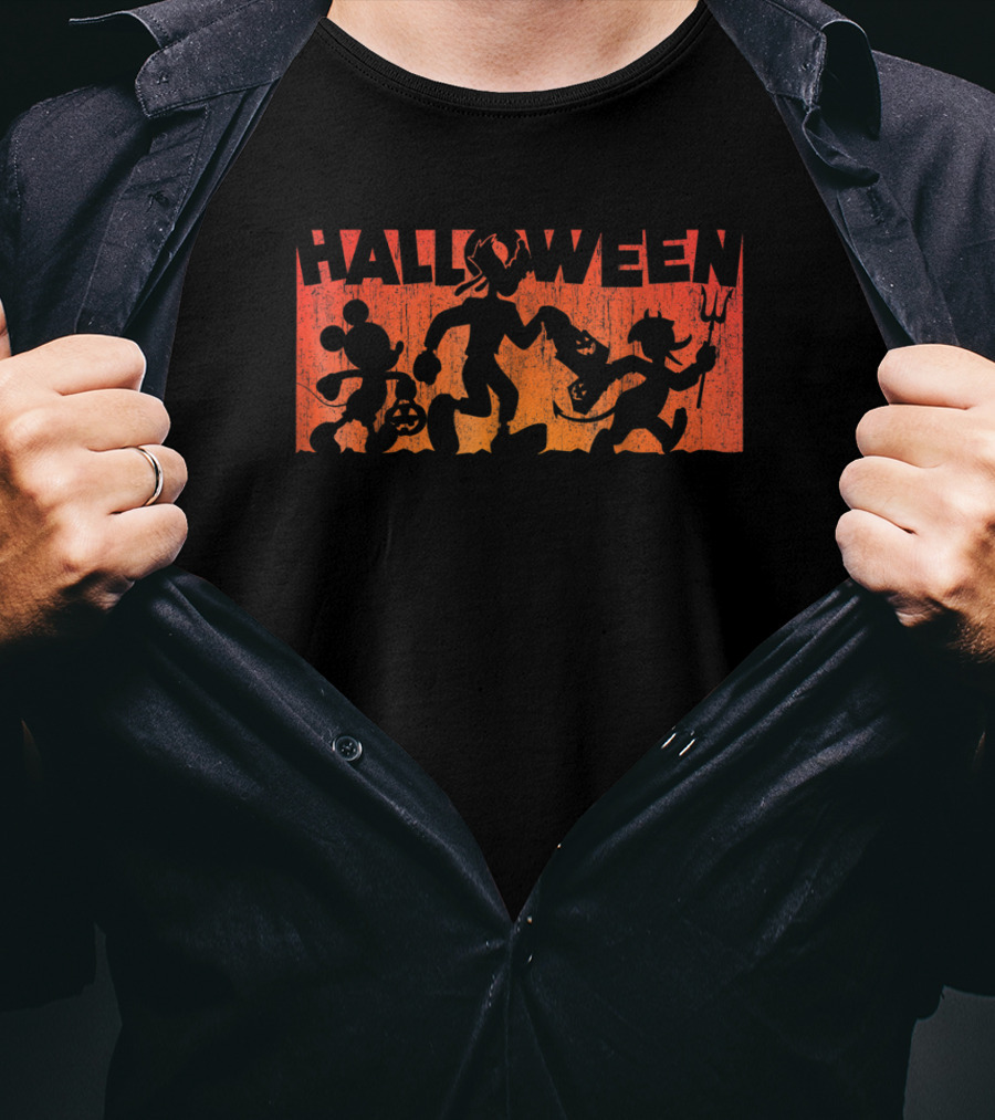 Mickey Mouse Silhouette Halloween Walk With Friends In Costume Parade T-Shirt