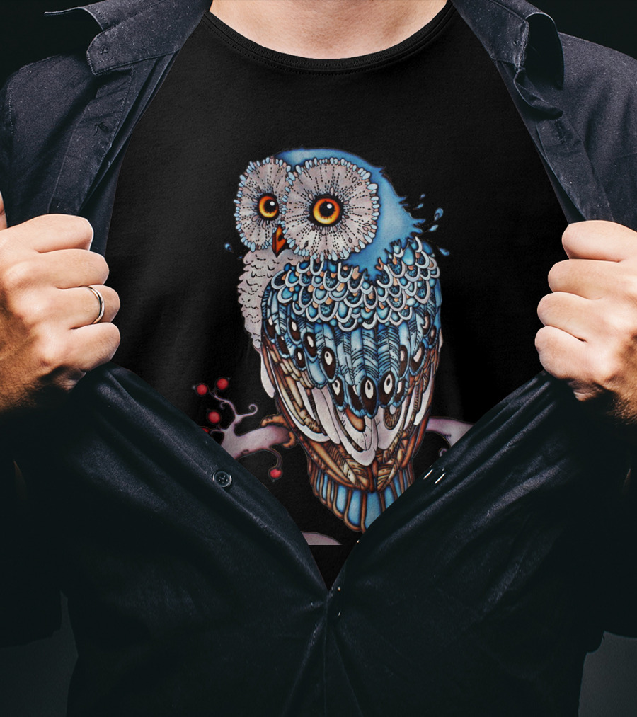 Luminous Blue Owl On Branch With Red Berries - Owl For You T-Shirt