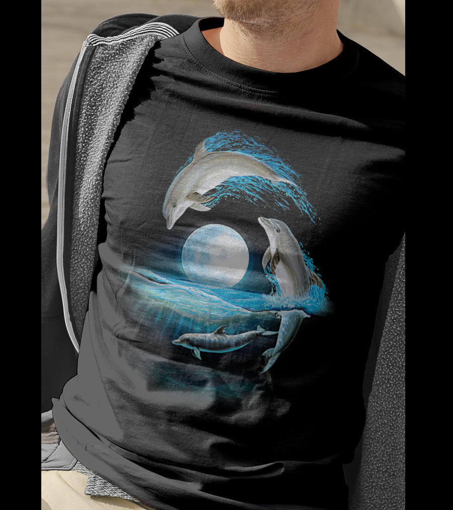 Full Moon Dolphin Leap Ocean Waves T-Shirt