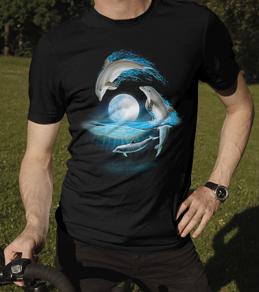Full Moon Dolphin Leap Ocean Waves T-Shirt