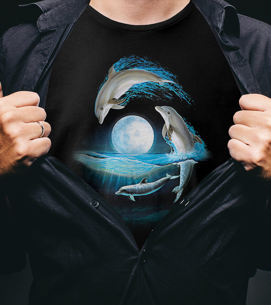 Full Moon Dolphin Leap Ocean Waves T-Shirt