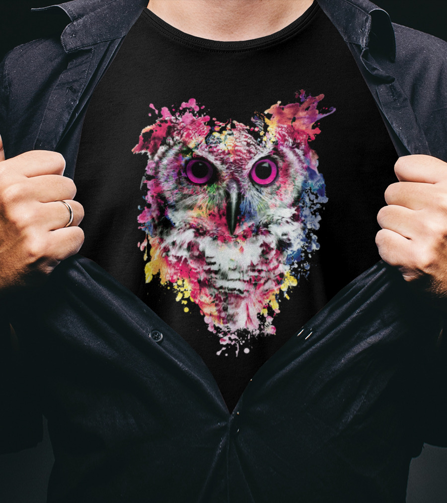 Colorful Owl Splatter Art Vibrant Watercolor Paint Explosion T-Shirt