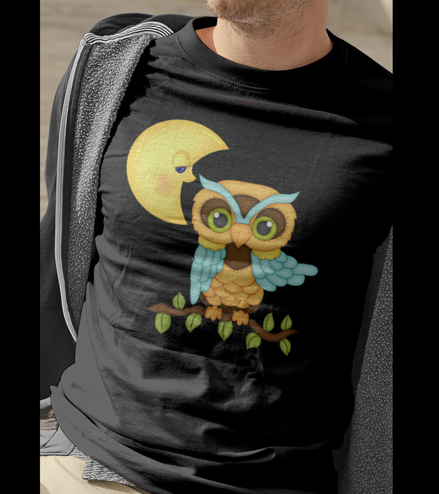 Owl Sitting On Branch With Smiling Crescent Moon T-Shirt