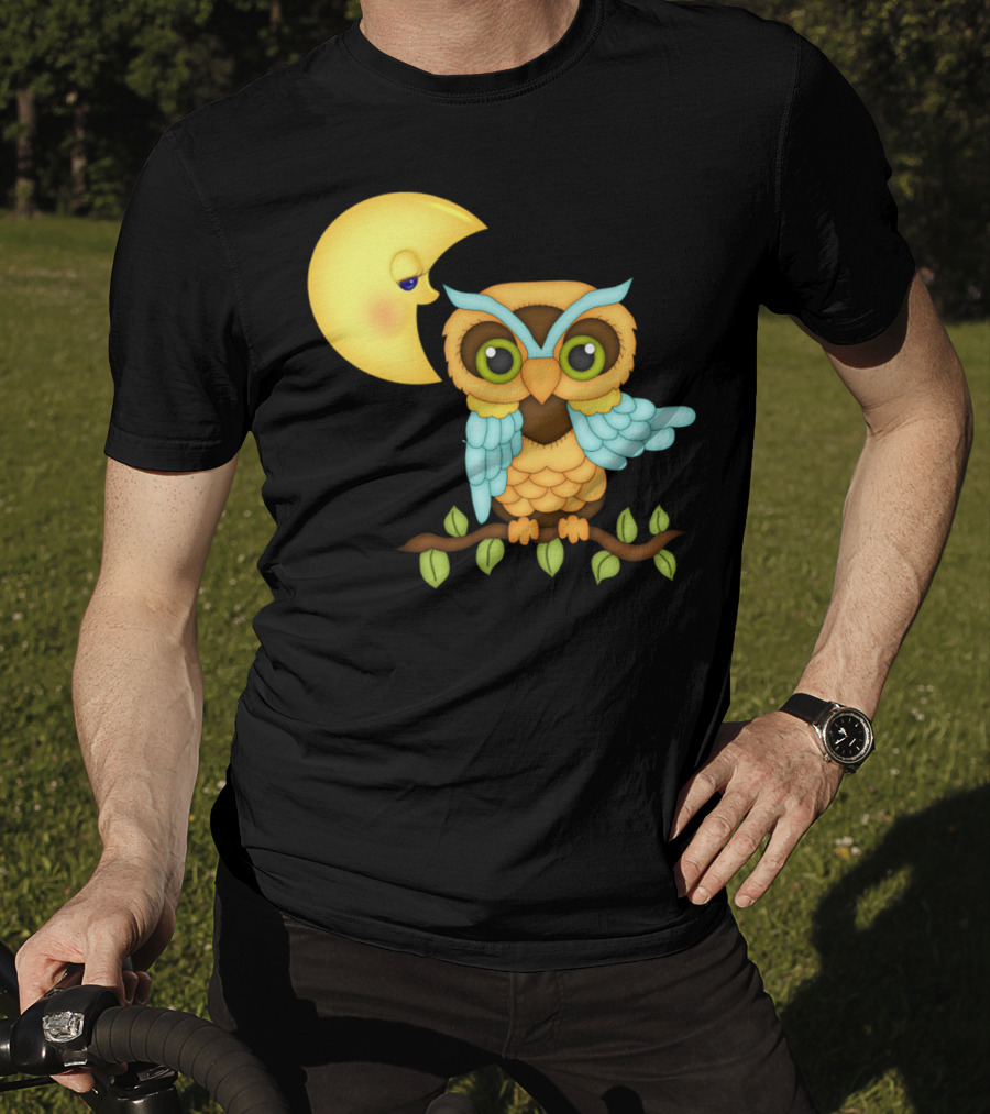 Owl Sitting On Branch With Smiling Crescent Moon T-Shirt