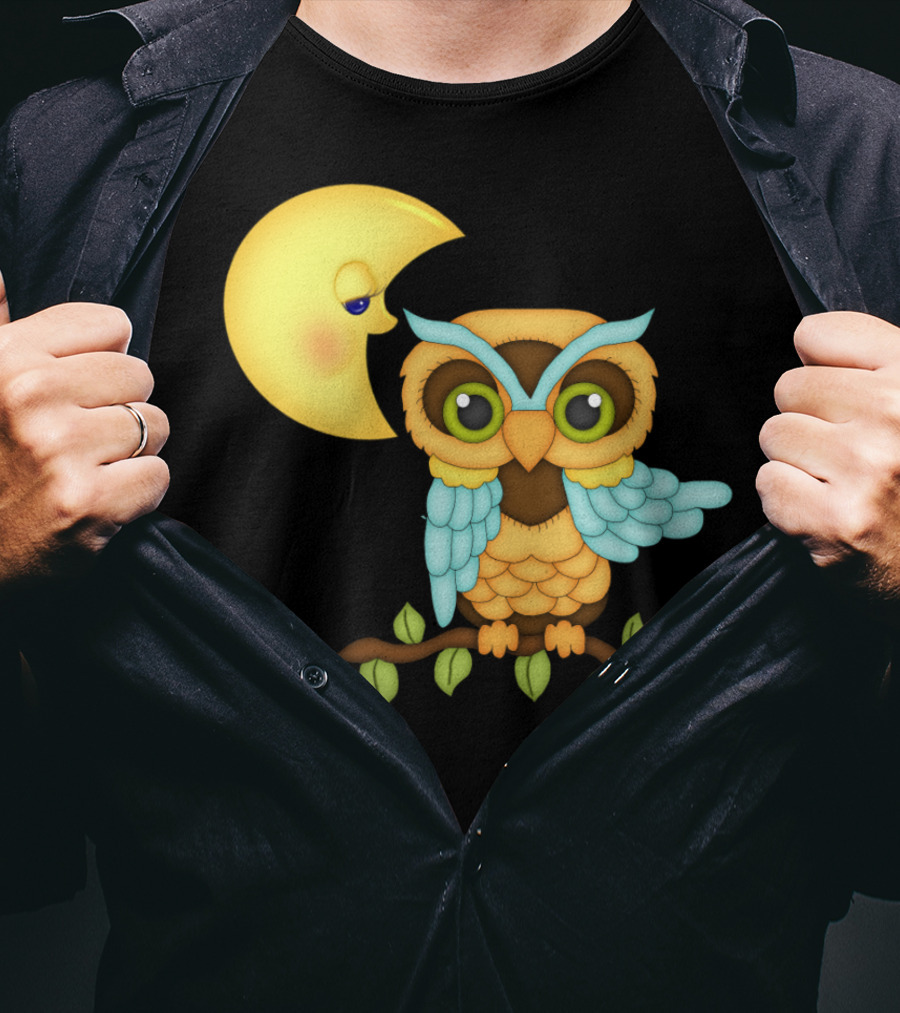 Owl Sitting On Branch With Smiling Crescent Moon T-Shirt