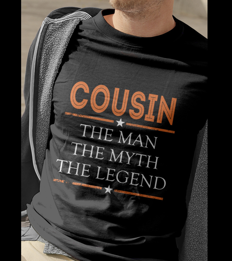 COUSIN THE MAN THE MYTH THE LEGEND Bold Orange White Star Accents T-Shirt