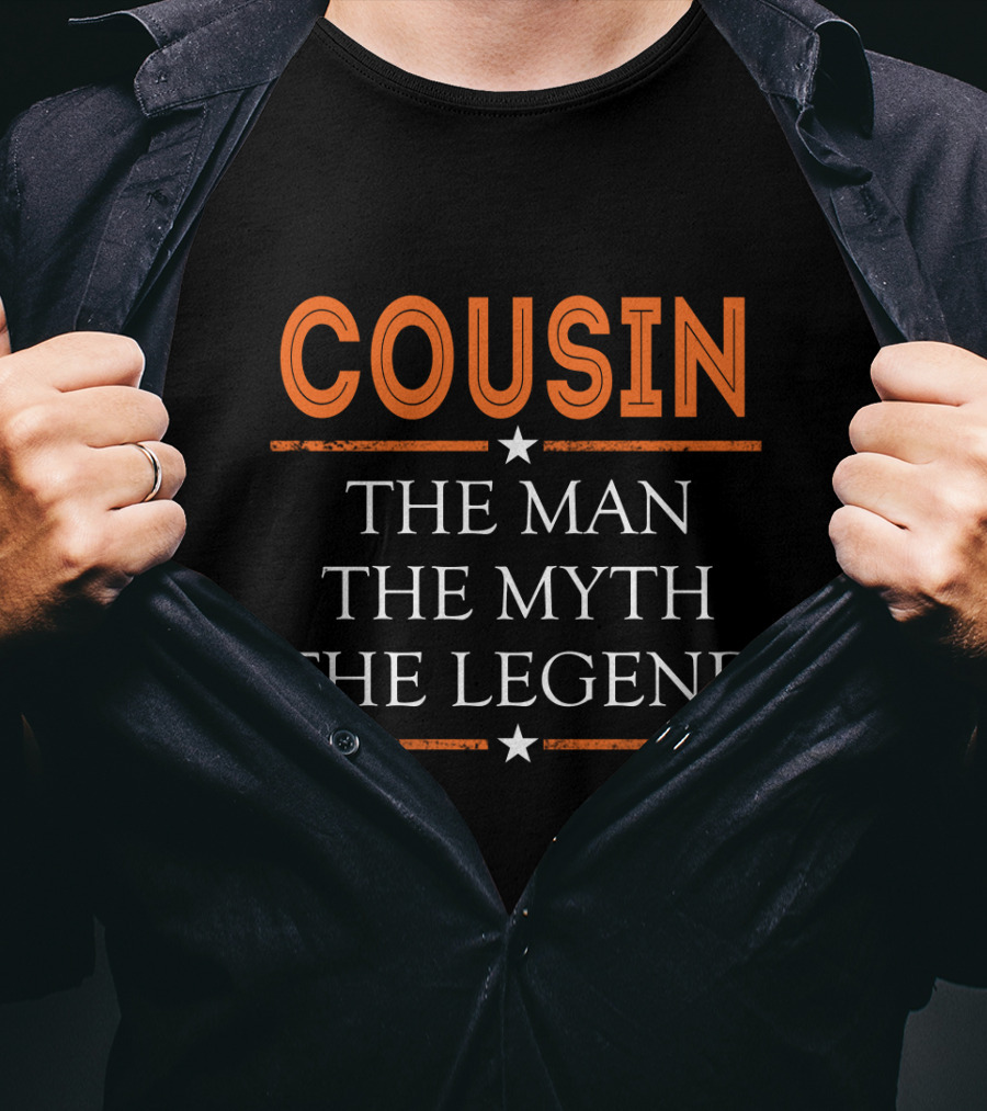 COUSIN THE MAN THE MYTH THE LEGEND Bold Orange White Star Accents T-Shirt