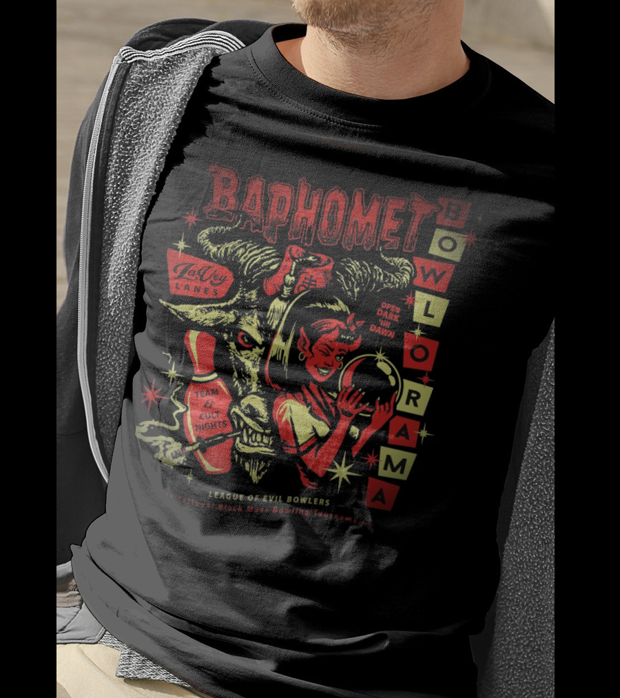Baphomet Bowlorama LaVey Lanes Team Cult Nights Evil Bowlers All-Night Black Mass Tournament T-Shirt