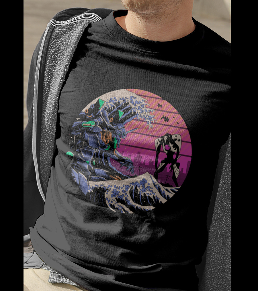 Neon Genesis Evangelion Retro Wave Style Giant Mecha Ocean Scene T-Shirt