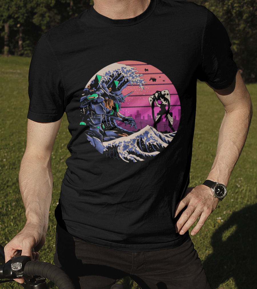 Neon Genesis Evangelion Retro Wave Style Giant Mecha Ocean Scene T-Shirt