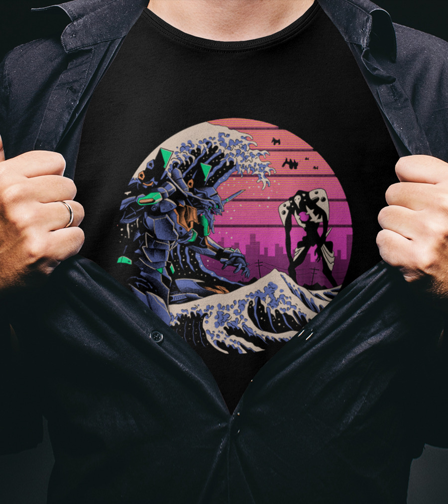 Neon Genesis Evangelion Retro Wave Style Giant Mecha Ocean Scene T-Shirt