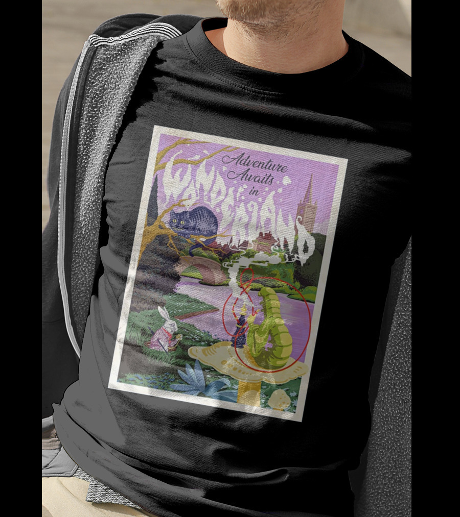 Adventure Awaits In Wonderland Cheshire Cat And Caterpillar Scene T-Shirt