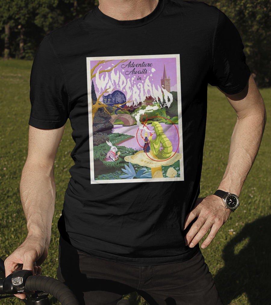 Adventure Awaits In Wonderland Cheshire Cat And Caterpillar Scene T-Shirt