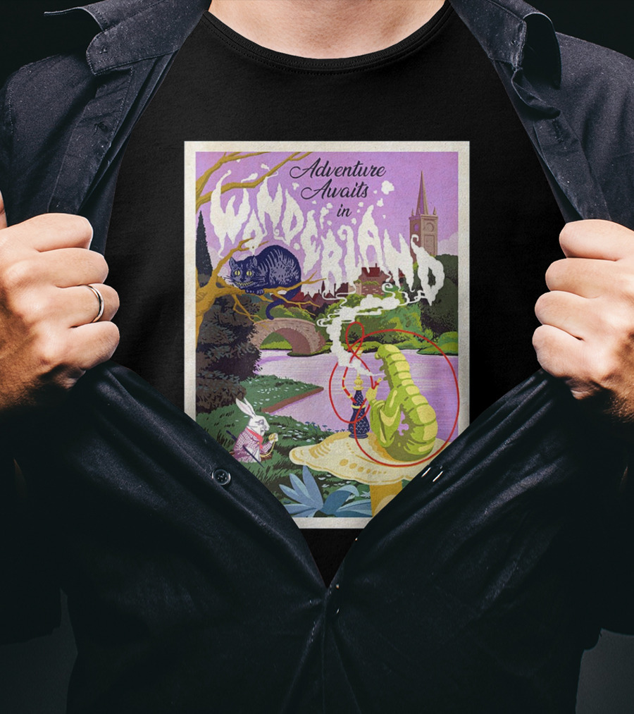 Adventure Awaits In Wonderland Cheshire Cat And Caterpillar Scene T-Shirt