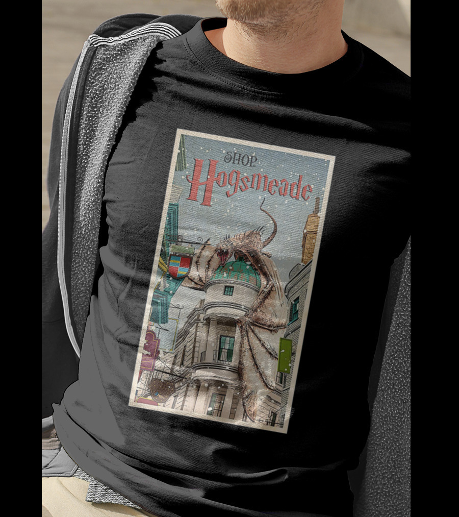 Hogsmeade Shopping Adventure With Snowy Streets And Dragon-Guarded Shops T-Shirt