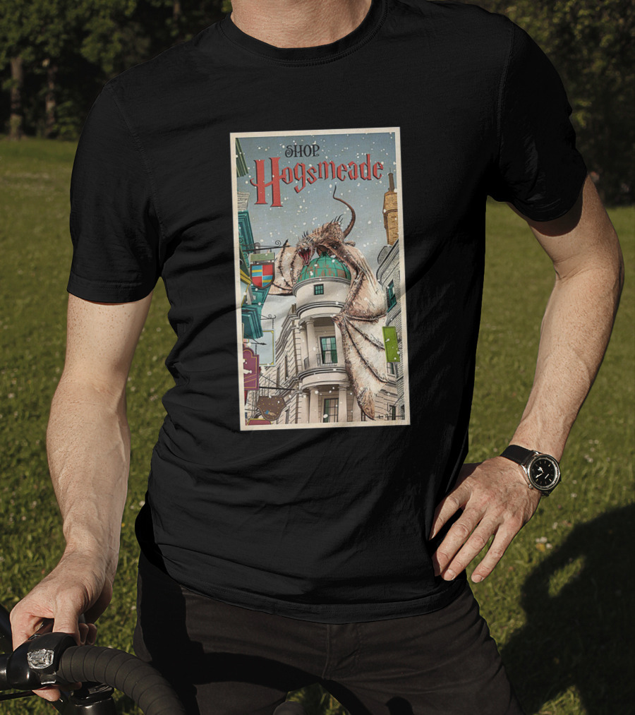 Hogsmeade Shopping Adventure With Snowy Streets And Dragon-Guarded Shops T-Shirt