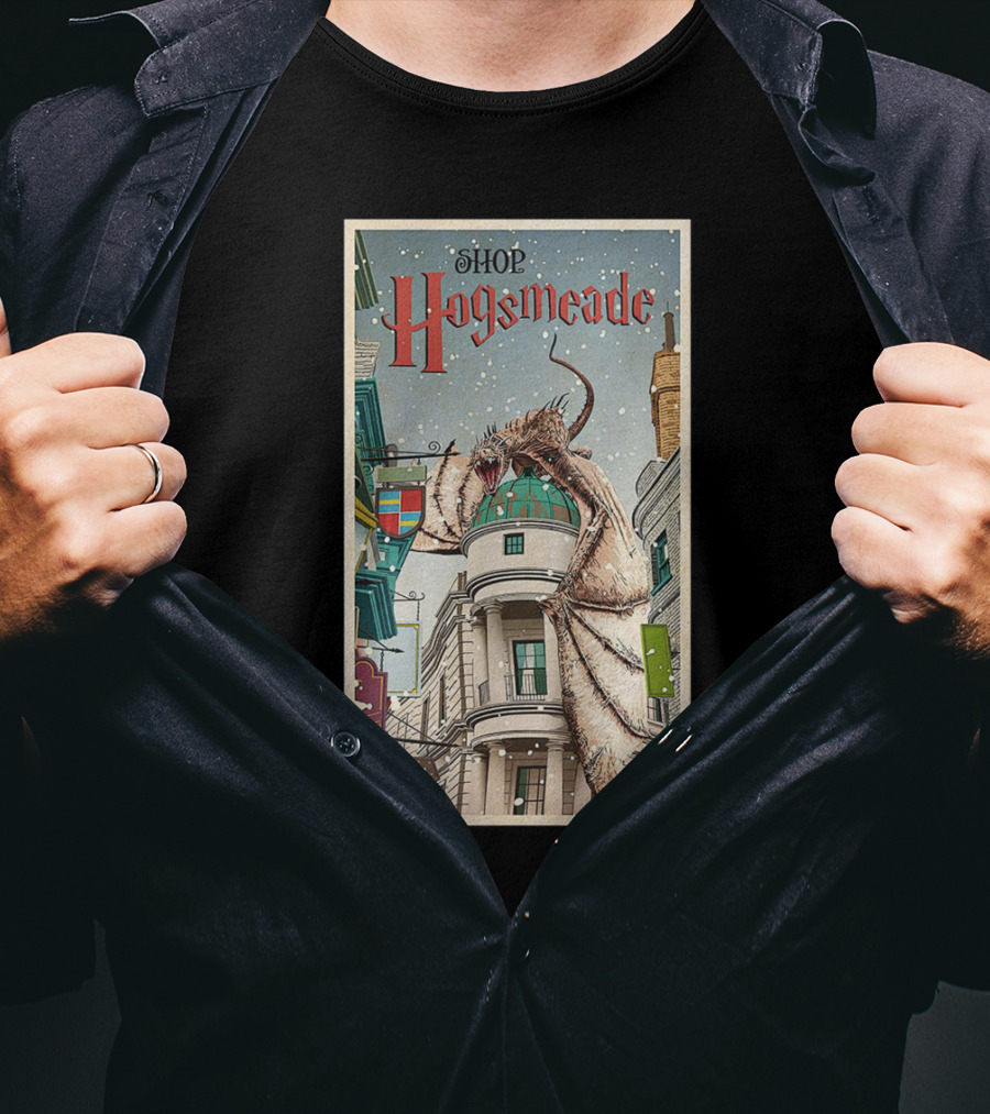 Hogsmeade Shopping Adventure With Snowy Streets And Dragon-Guarded Shops T-Shirt