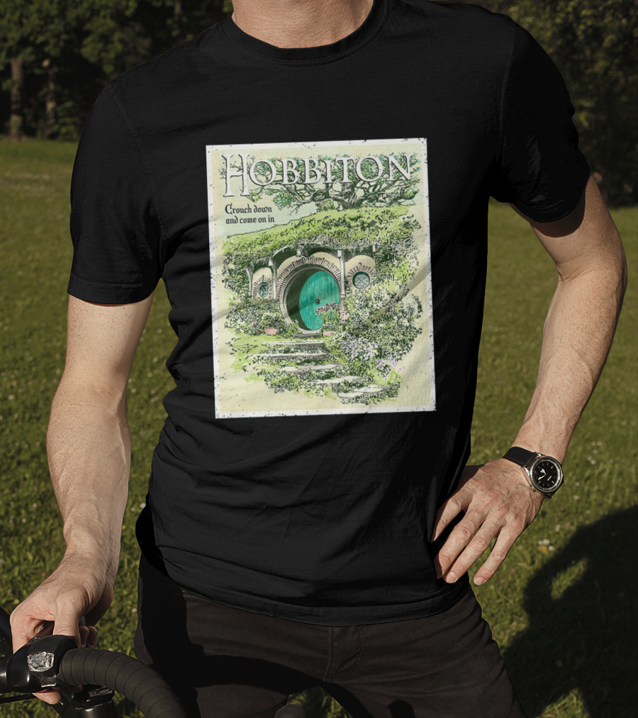 Hobbiton Crouch Down And Come On In With Illustrated Green Door And Garden Path T-Shirt