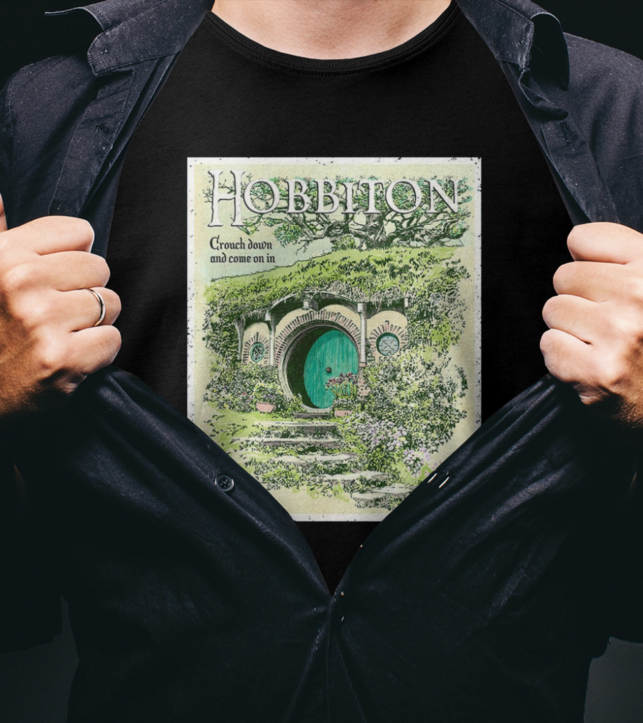 Hobbiton Crouch Down And Come On In With Illustrated Green Door And Garden Path T-Shirt
