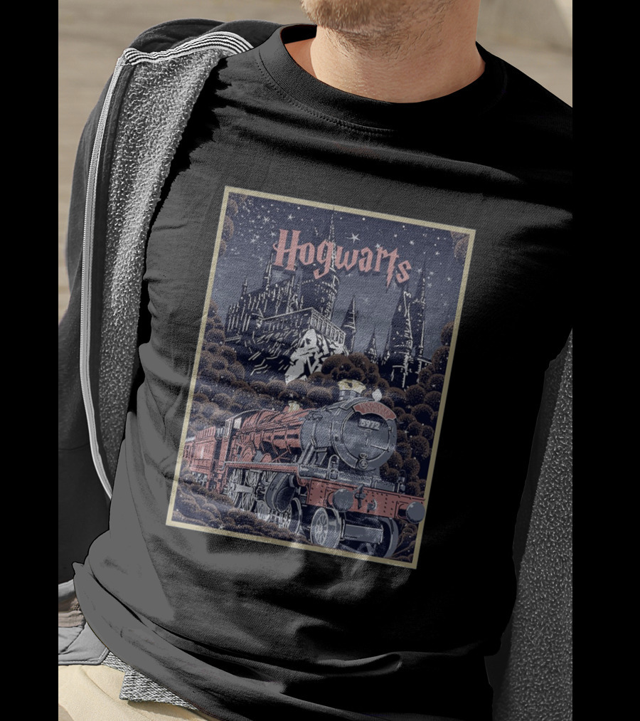 Hogwarts Castle And Express Train Journey In Magical Night Scene T-Shirt