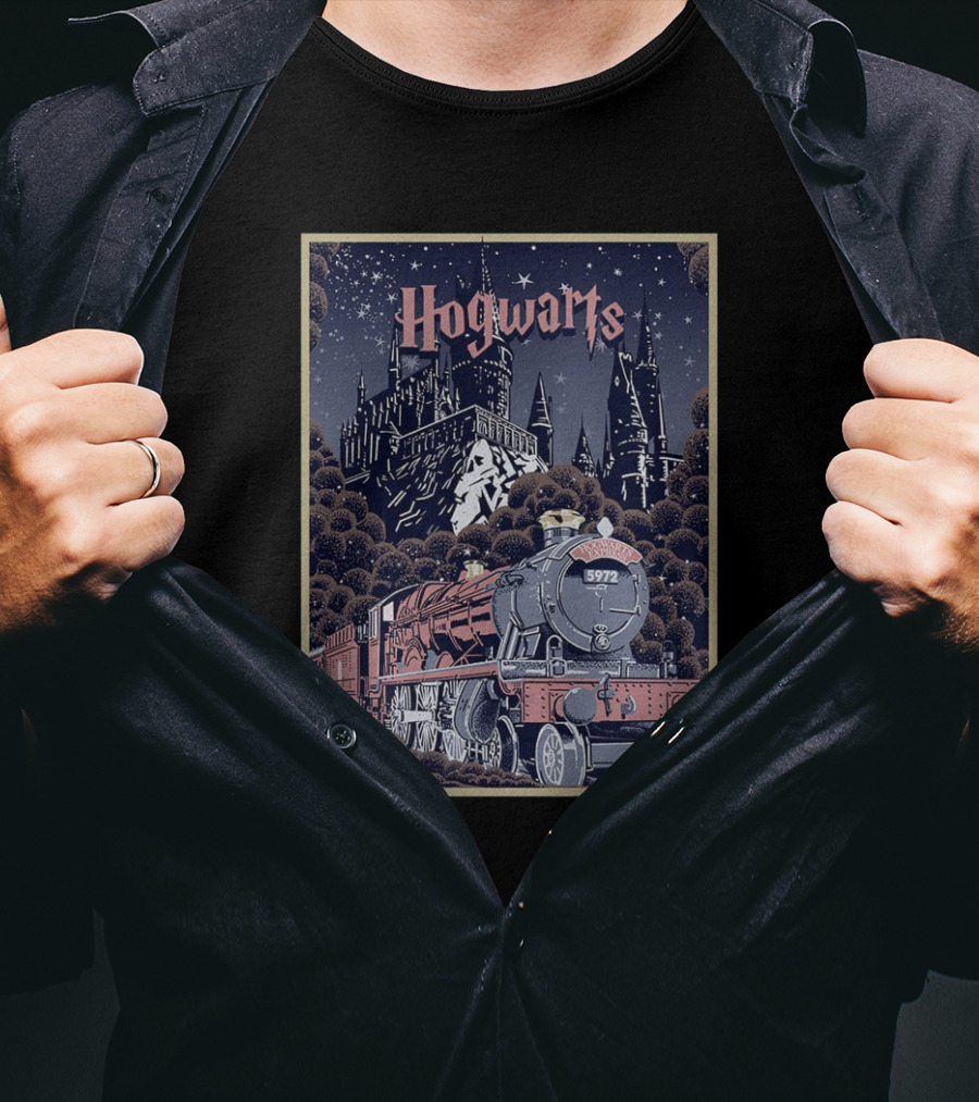 Hogwarts Castle And Express Train Journey In Magical Night Scene T-Shirt