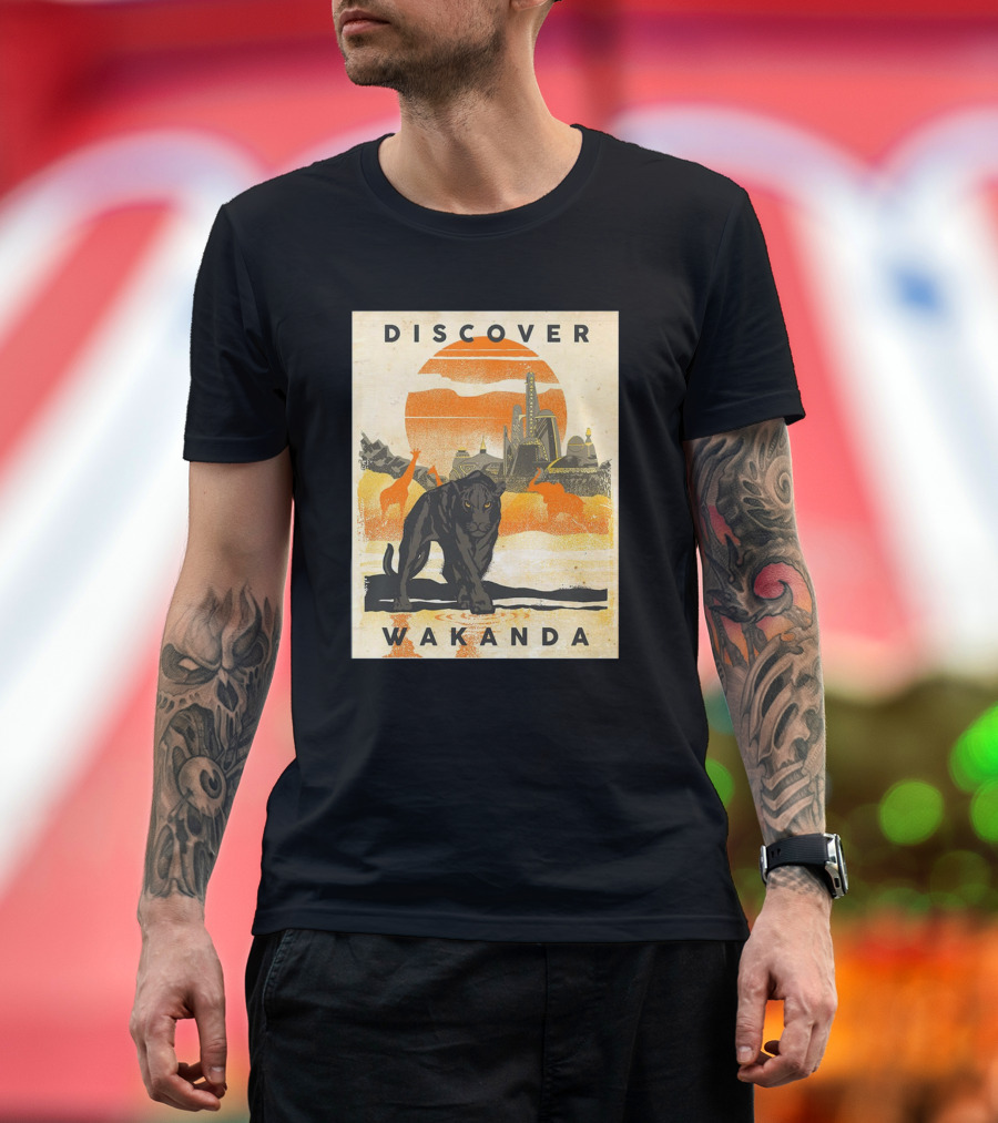 Discover Wakanda Panther and Futuristic Cityscape with Sunset T-Shirt