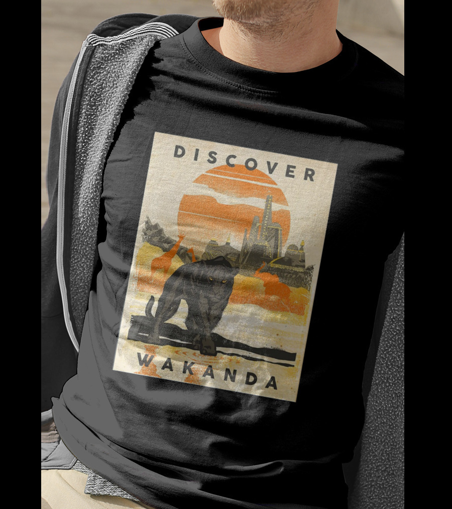Discover Wakanda Panther And Futuristic Cityscape With Sunset T-Shirt