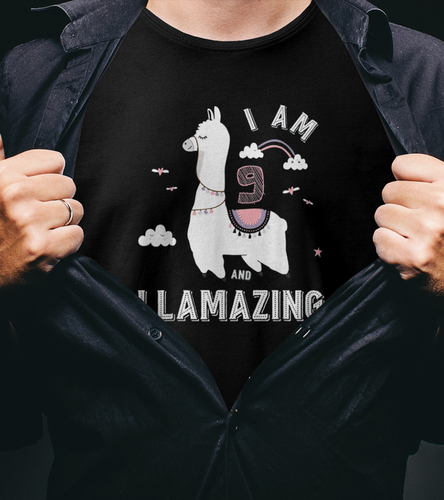I Am 9 And Llamazing Funny Llama Cloud Birthday T-Shirt
