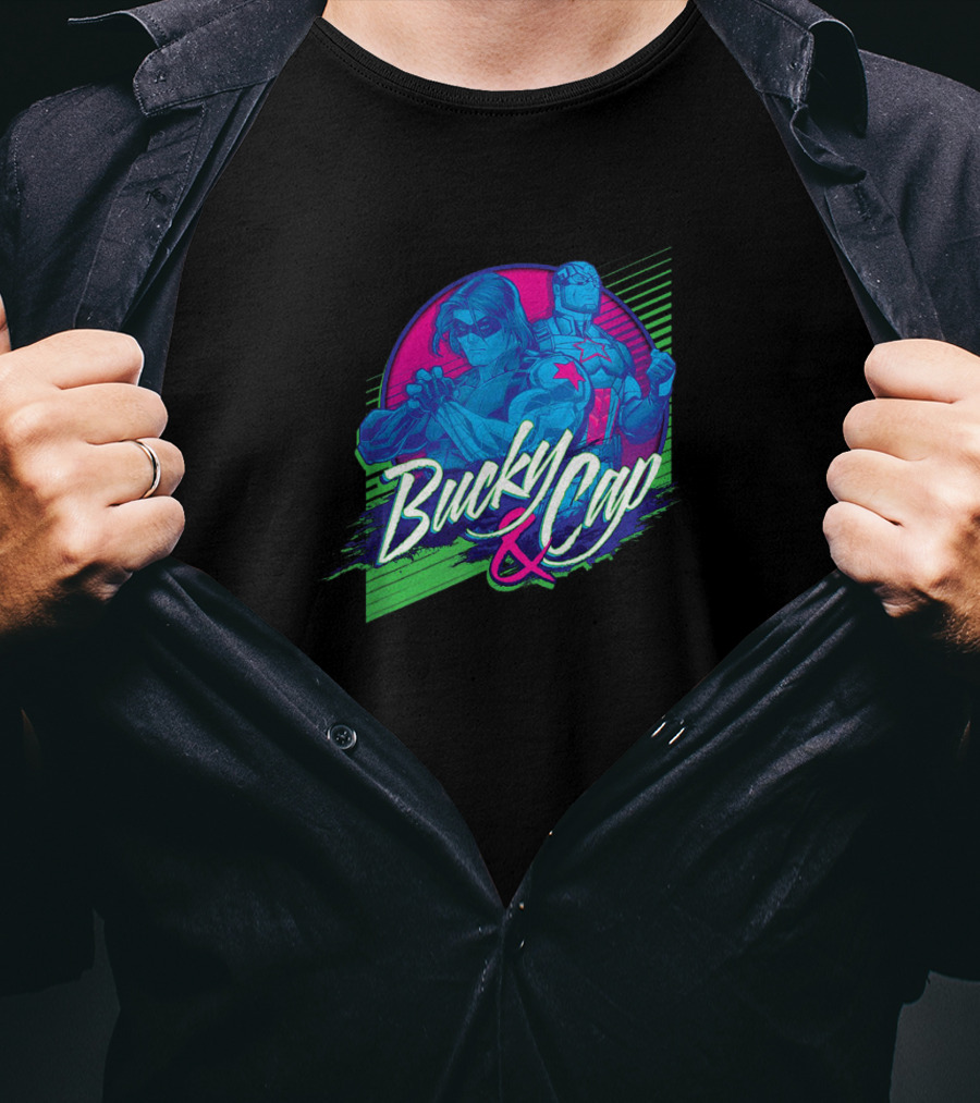 Marvel Bucky Barnes And Cap Heroic Duo Retro Neon T-Shirt