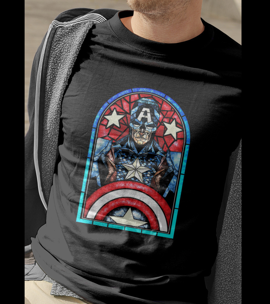 Captain America Avengers Stained Glass Memorial Window T-Shirt