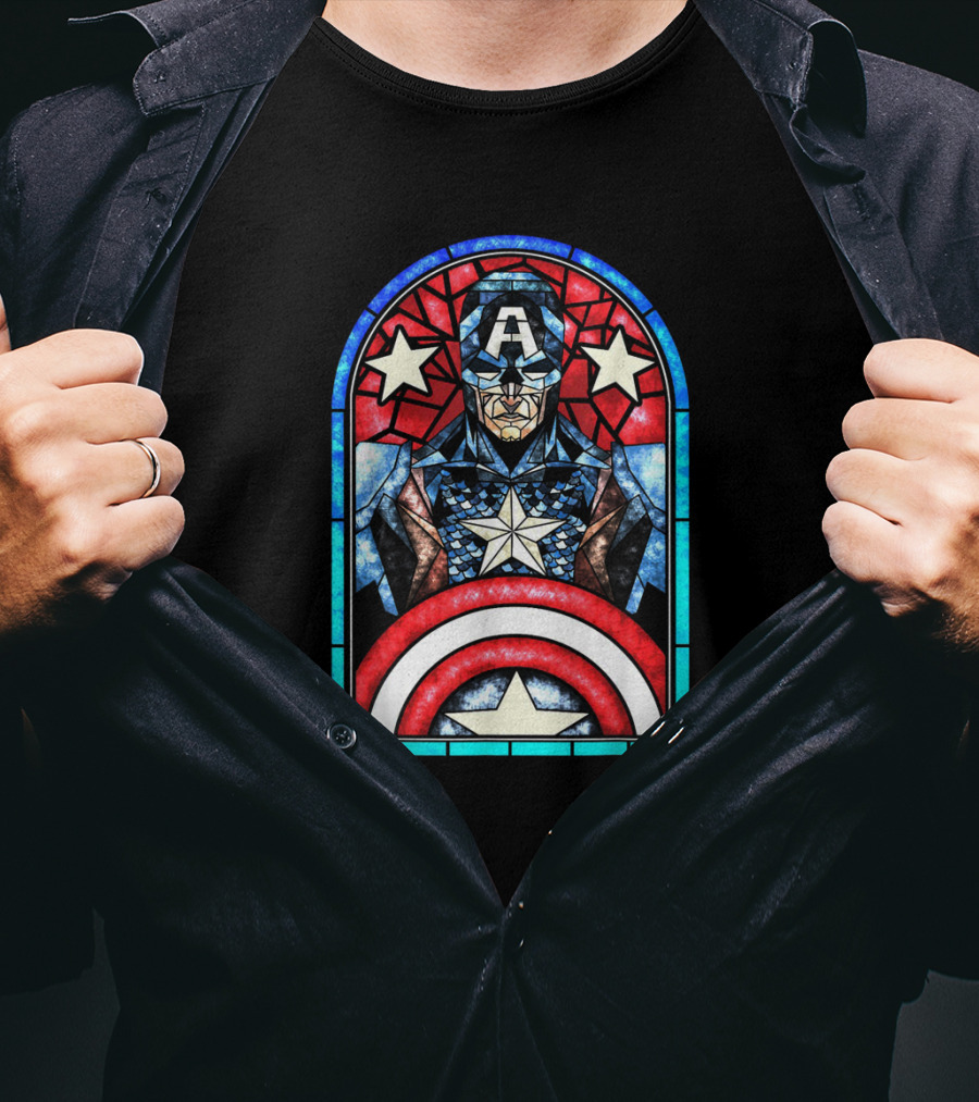 Captain America Avengers Stained Glass Memorial Window T-Shirt
