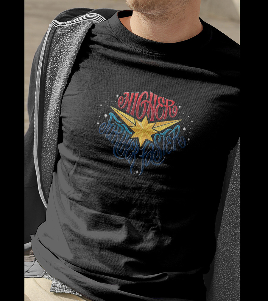 Marvel Captain Marvel Higher Further Faster Star Iconic Slogan With Cosmic T-Shirt