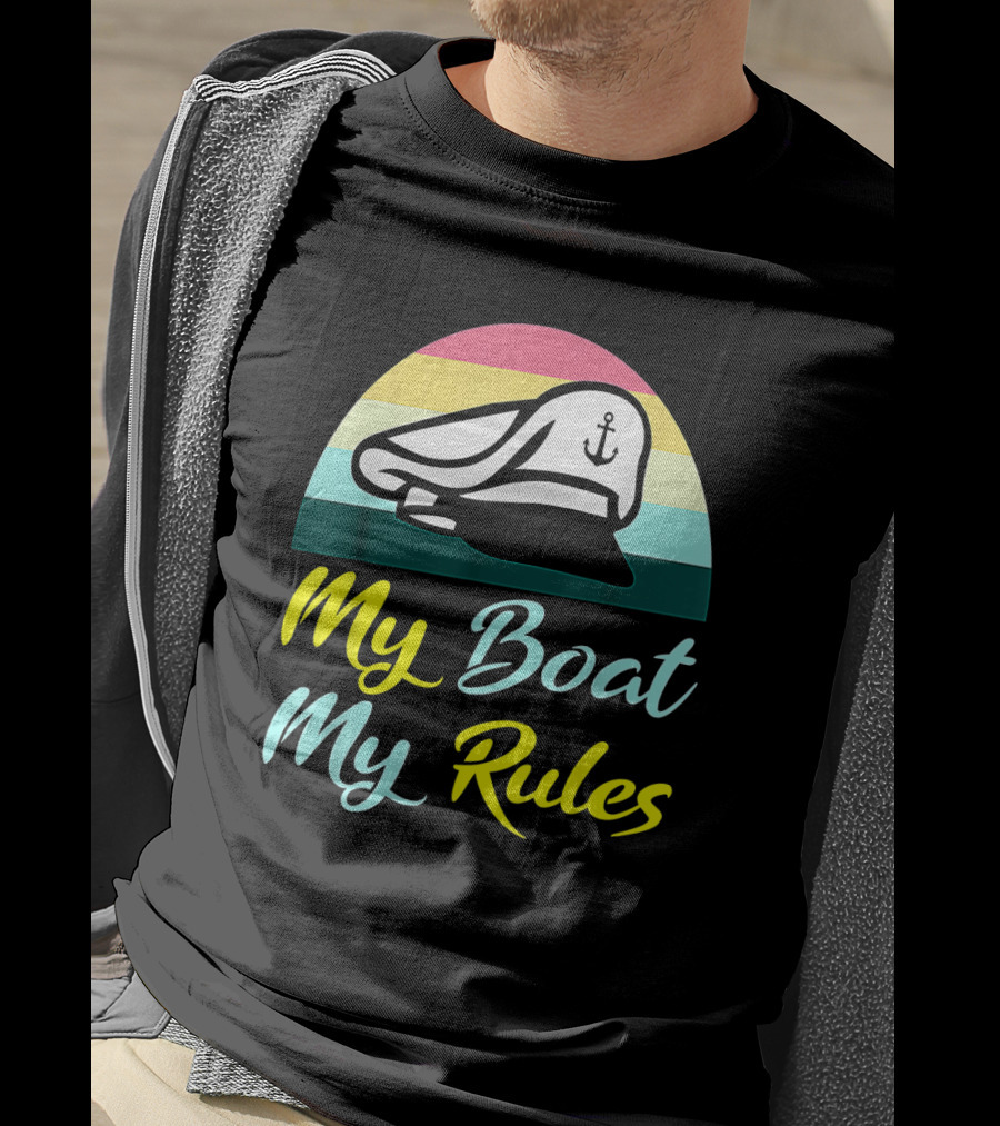 My Boat My Rules Sailor Captain Hat With Anchor Icon Retro Colors T-Shirt