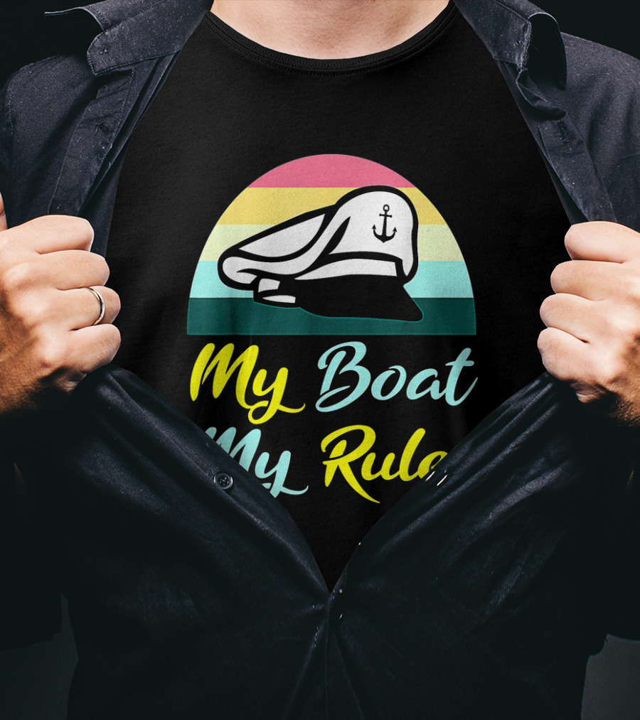 My Boat My Rules Sailor Captain Hat With Anchor Icon Retro Colors T-Shirt