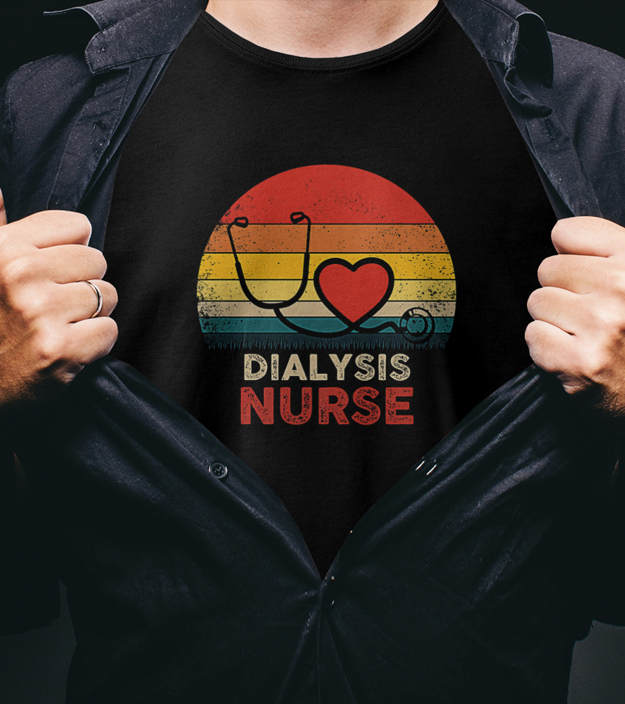 Dialysis Nurse Vintage Heart Stethoscope Sunset Stripes T-Shirt