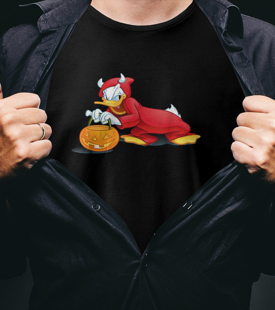 Donald Duck Devil Halloween Costume With Pumpkin Basket T-Shirt