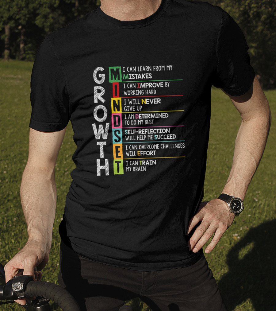 Growth Mindset Mistakes Improve Hard Work Never Give Up Determined Self Reflection Succeed Overcome Challenges Train Brain T-Shirt