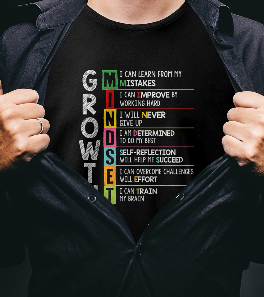 Growth Mindset Mistakes Improve Hard Work Never Give Up Determined Self Reflection Succeed Overcome Challenges Train Brain T-Shirt