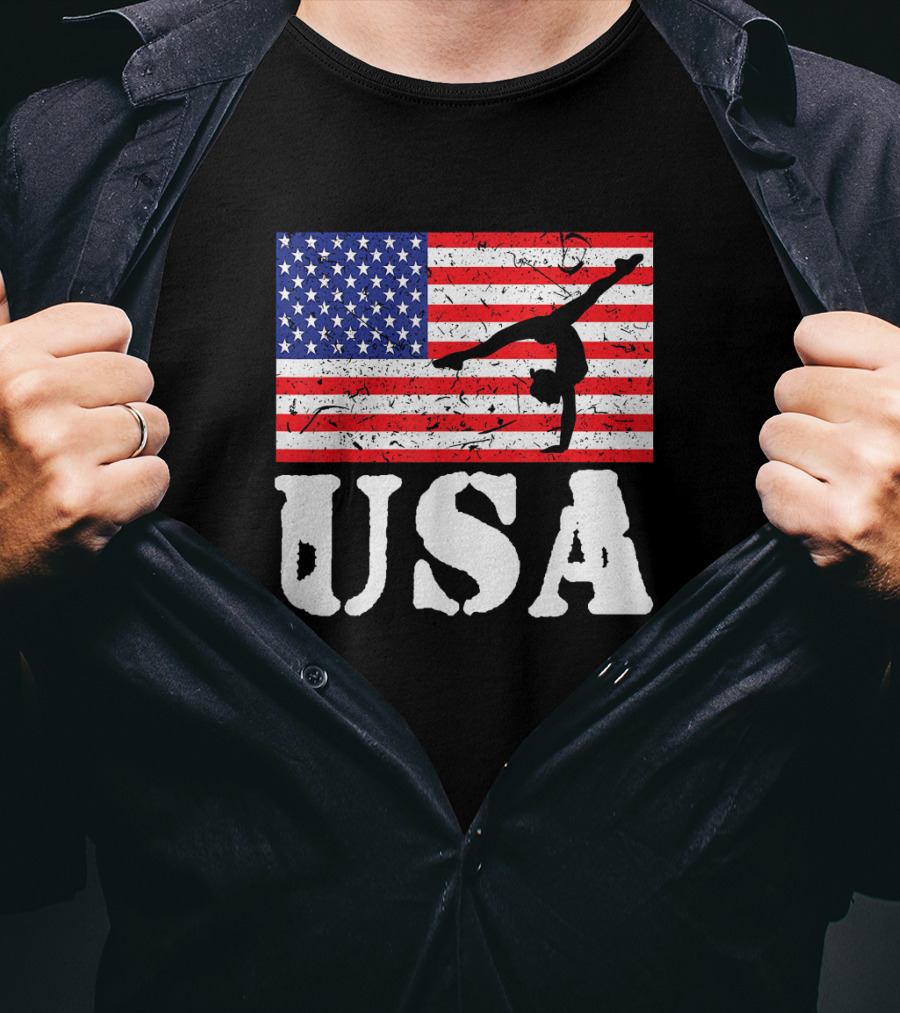 Distressed USA Flag Gymnastics Vintage Tumbling American Flag T-Shirt