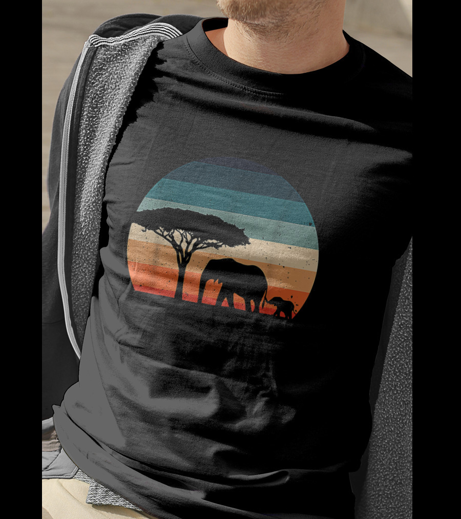 Elephant And Acacia Tree Silhouette Against Striped Vintage Sunset T-Shirt