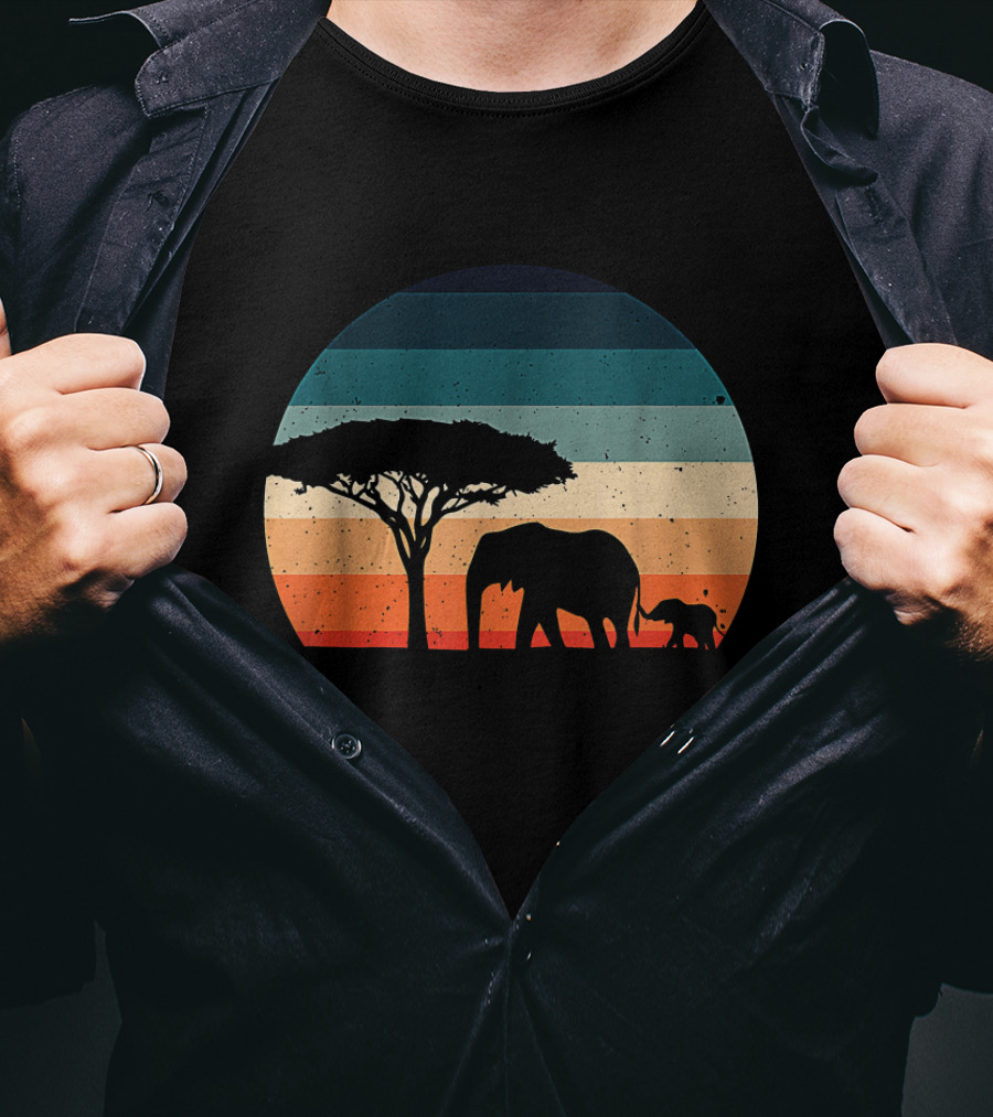 Elephant And Acacia Tree Silhouette Against Striped Vintage Sunset T-Shirt