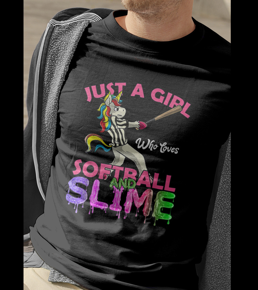Just A Girl Who Loves Softball And Slime Unicorn With Colorful Bat-Wielding Character T-Shirt