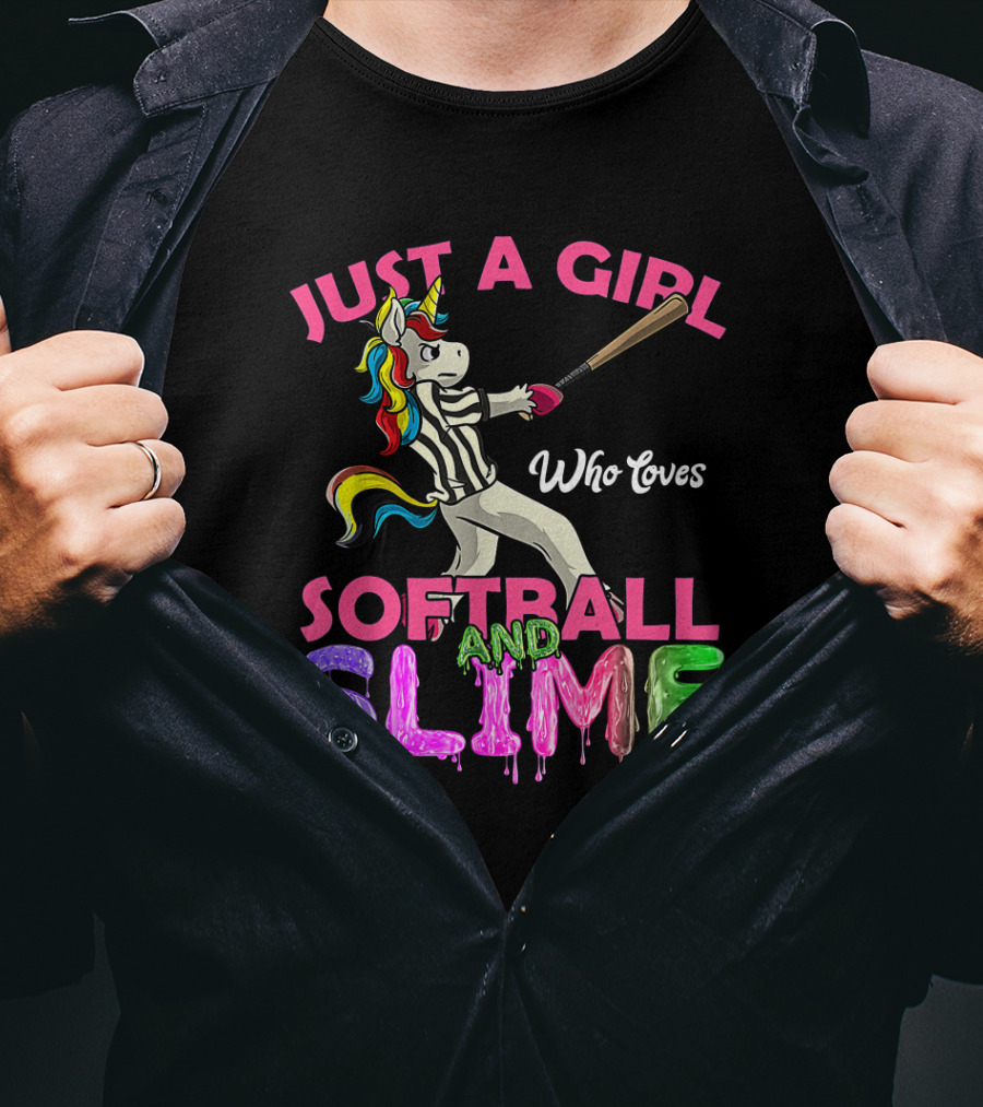 Just A Girl Who Loves Softball And Slime Unicorn With Colorful Bat-Wielding Character T-Shirt
