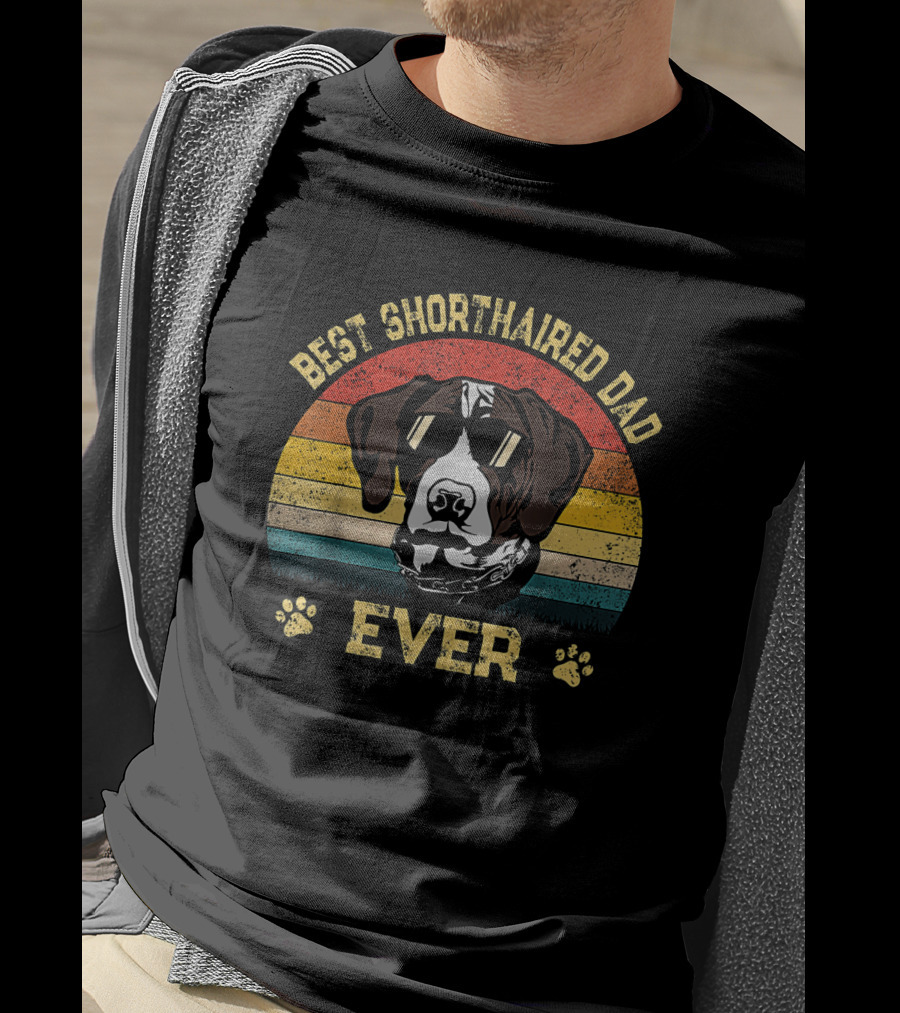 Best Shorthaired Dad Ever Retro Dog With Sunglasses And Paw Prints T-Shirt
