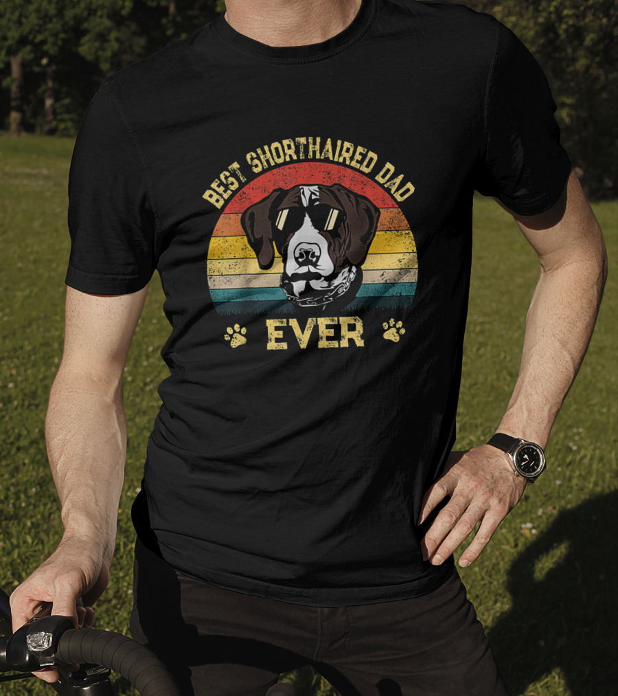 Best Shorthaired Dad Ever Retro Dog With Sunglasses And Paw Prints T-Shirt