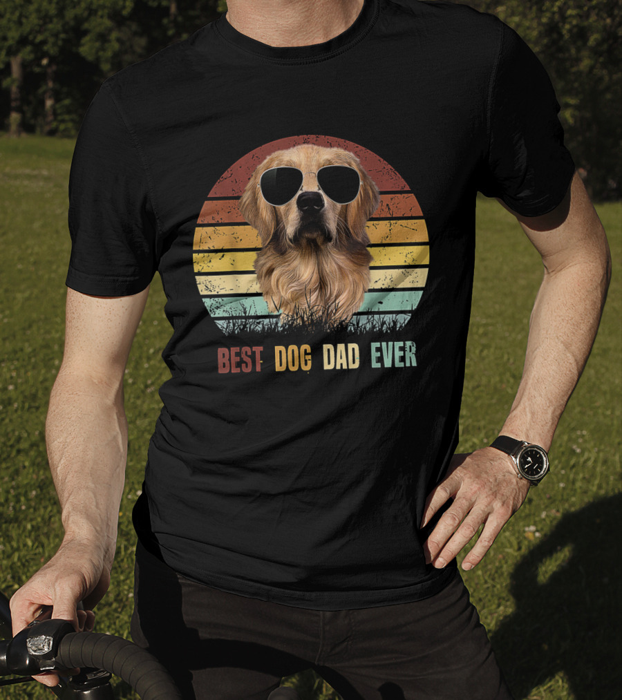 Golden Retriever With Sunglasses Best Dog Dad Ever Vintage Stripes T-Shirt